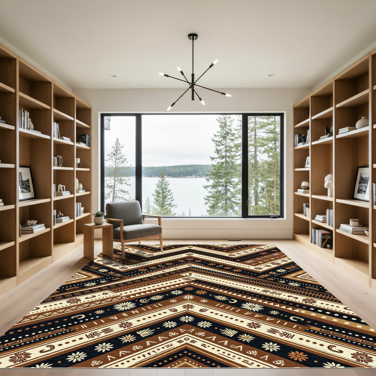 Earthy Brown Chevron Floral Geometric Art Rug