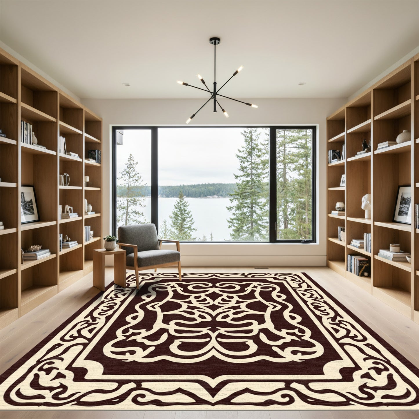 Ornate Ivory Black Arabesque Scroll Rug