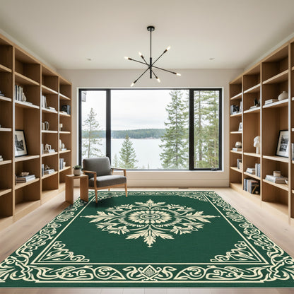 Green Floral Medallion Border Rug