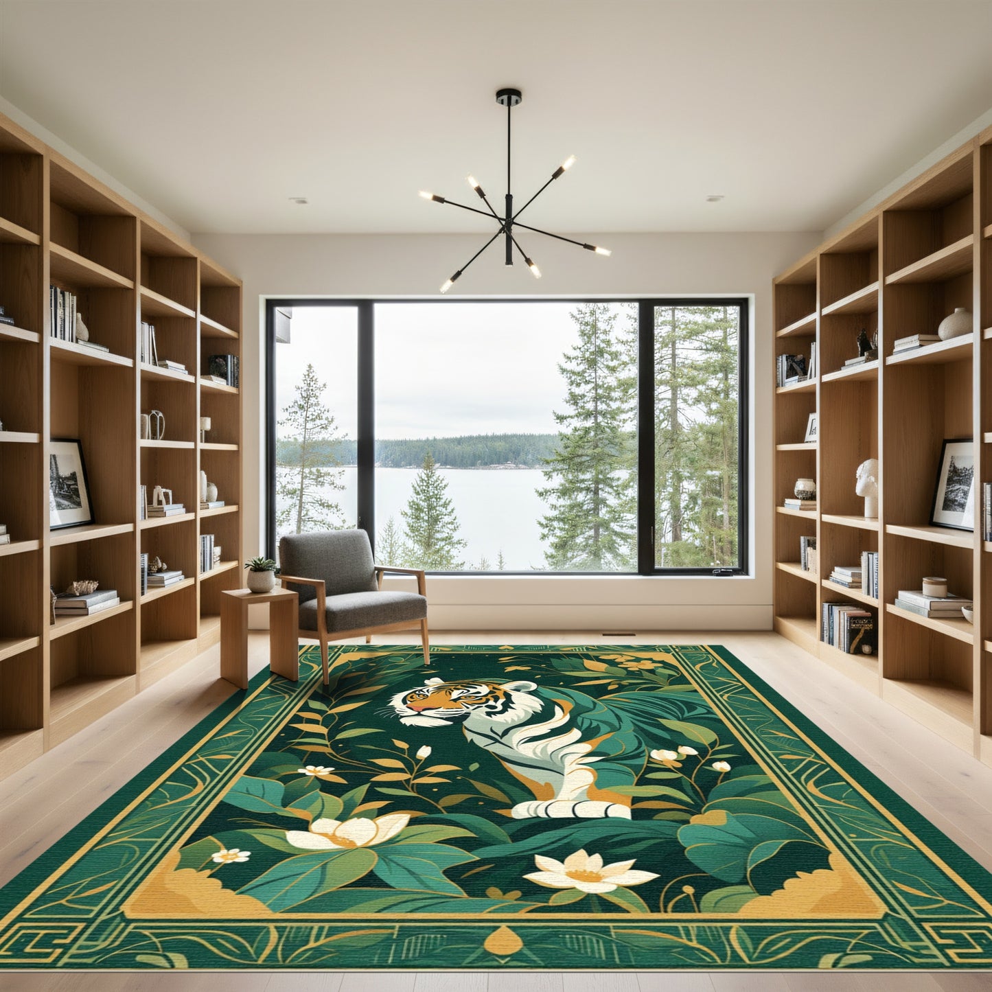 Emerald Jungle Tiger Floral Portrait Rug