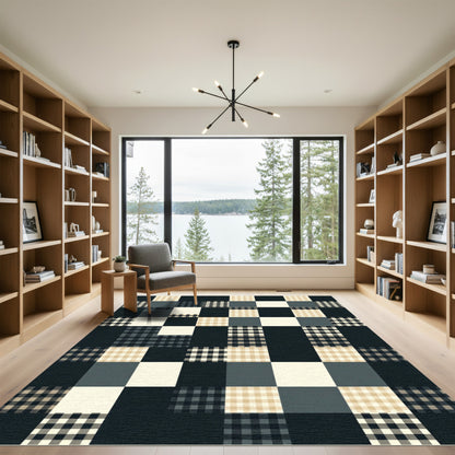 Patchwork Gingham Tan Black Plaid Squares Rug