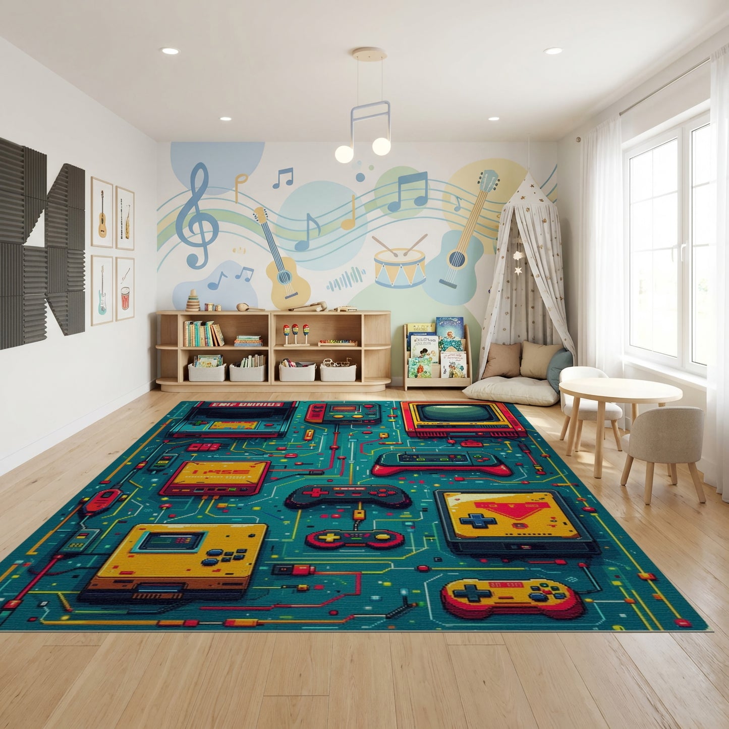 Vibrant Teal Retro Arcade Gaming Rug