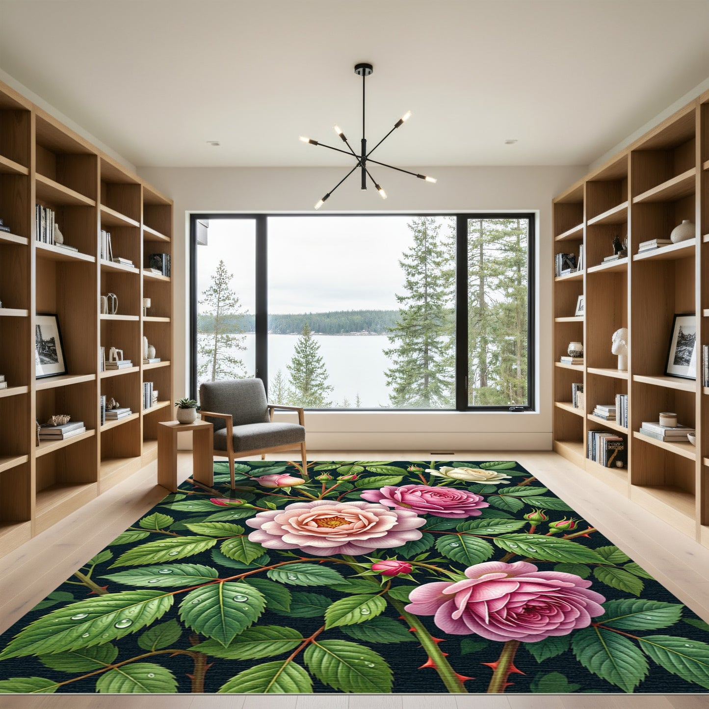 Lush Botanical Garden Pink Rose Bloom Rug