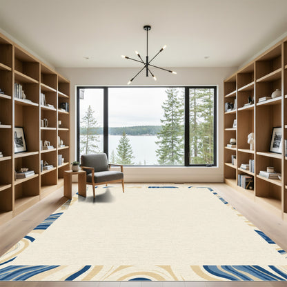 Creamy Beige Blue Swirl Border Rug