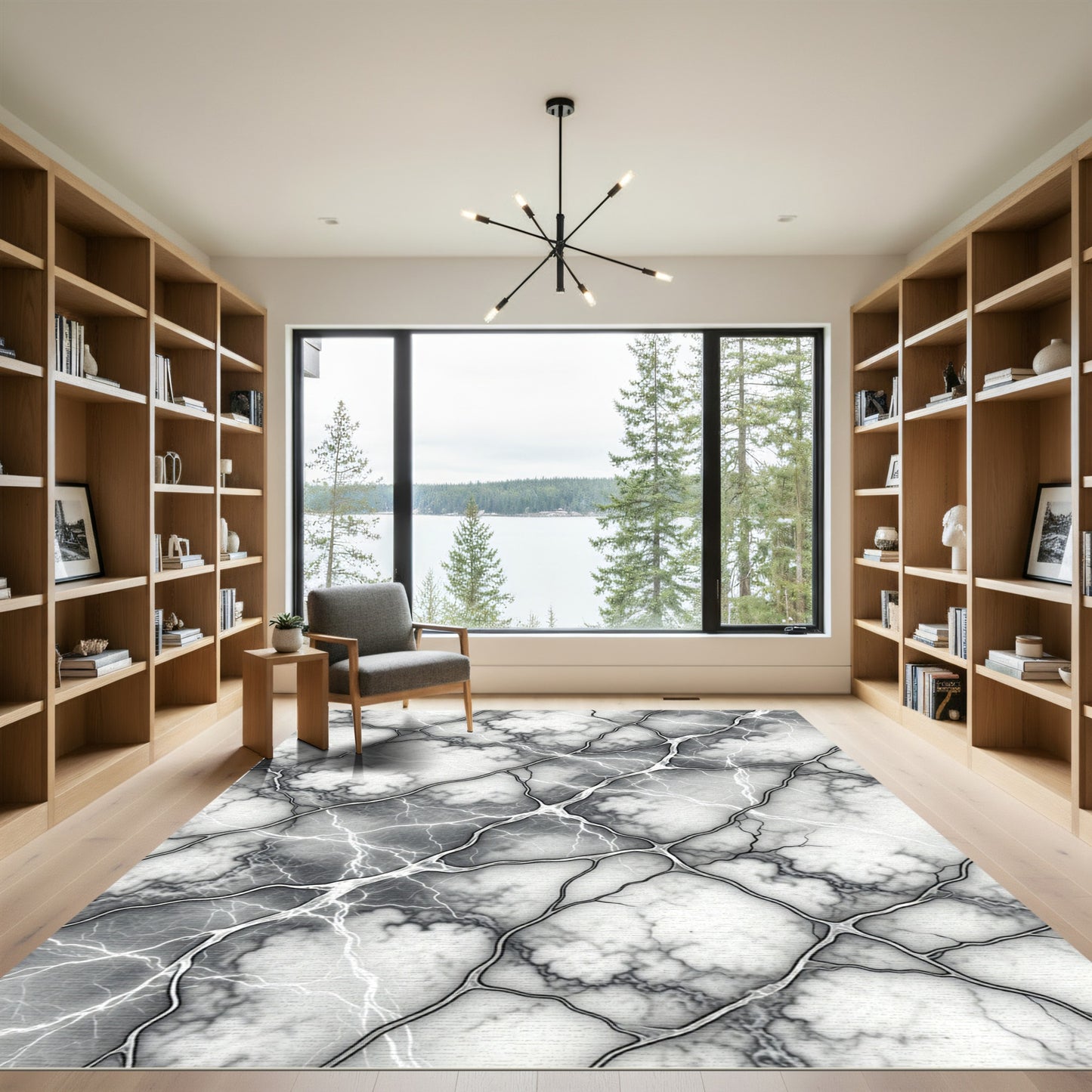 Monochrome Dark Lightning Abstract Marble Rug