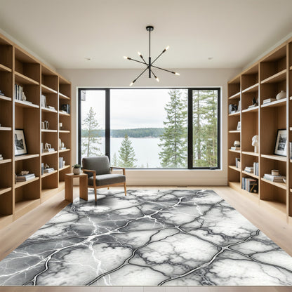 Monochrome Dark Lightning Abstract Marble Rug