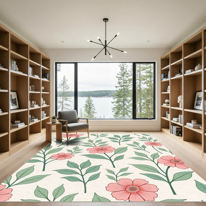 Coral Pink Floral Branch Pattern Rug