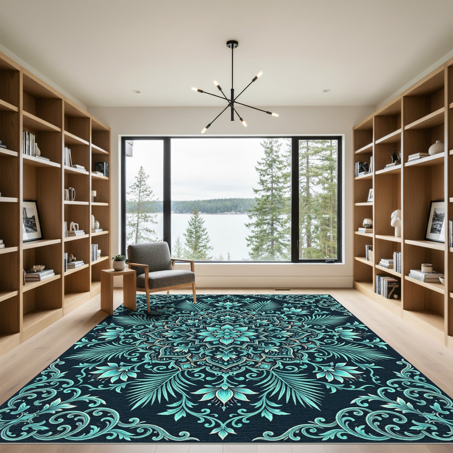 Teal Botanical Mandala Floral Medallion Rug
