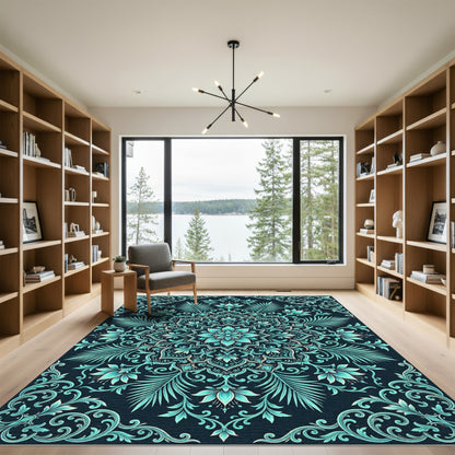 Teal Botanical Mandala Floral Medallion Rug