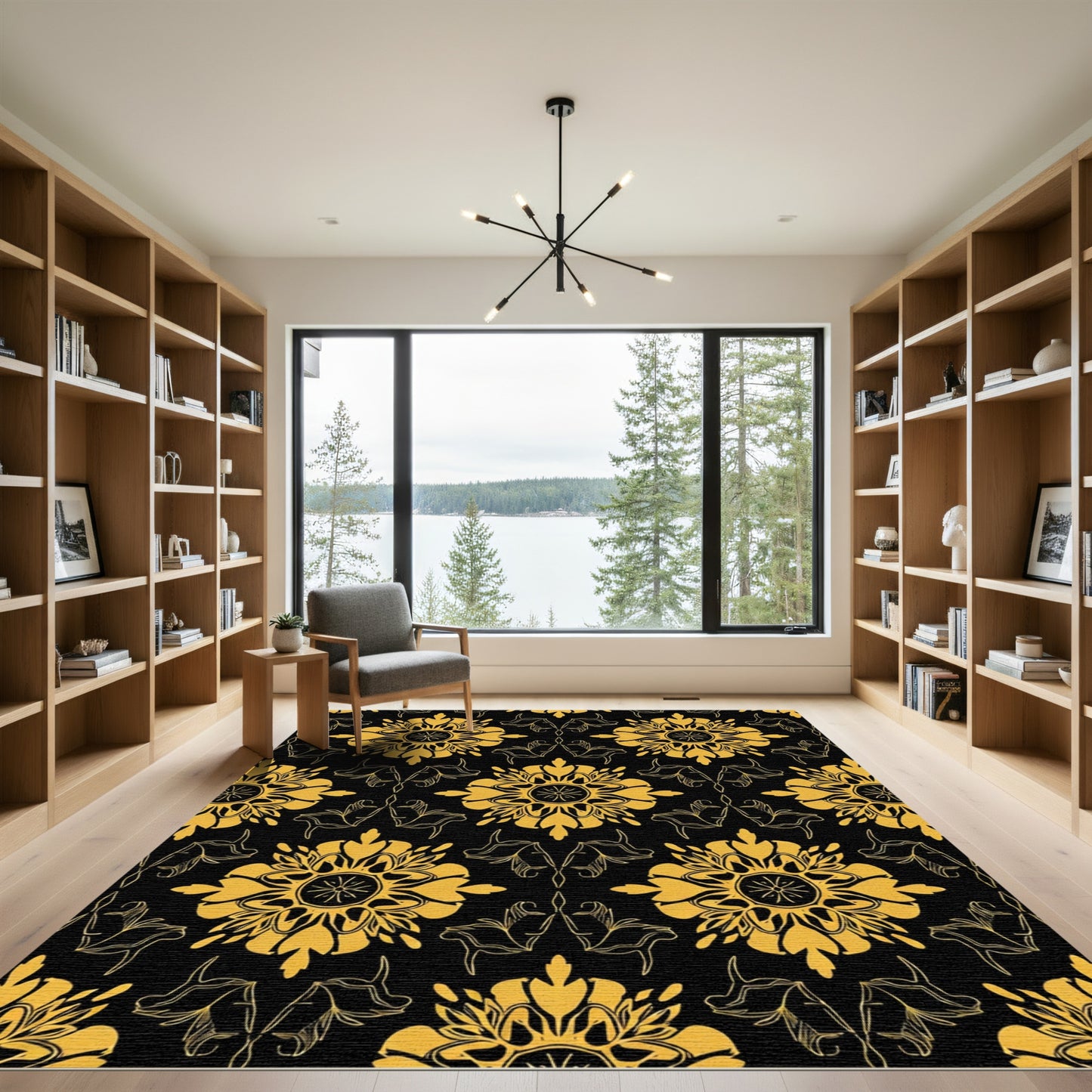 Golden Floral Mandala Black Ornament Rug