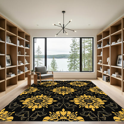 Golden Floral Mandala Black Ornament Rug