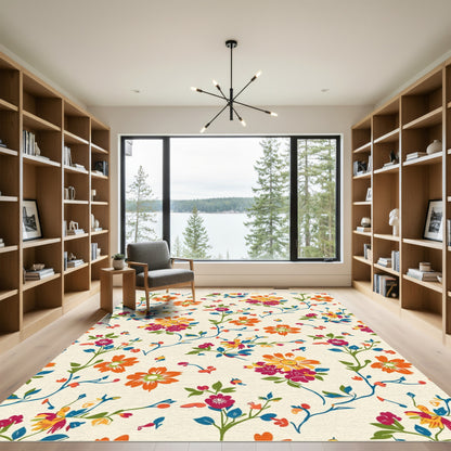 Vibrant Floral Vines Cream Background Rug