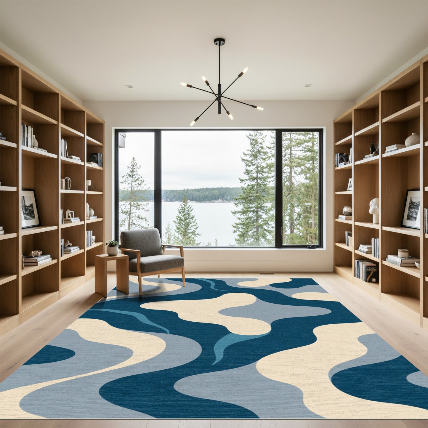 Deep Blue Organic Wave Composition Rug