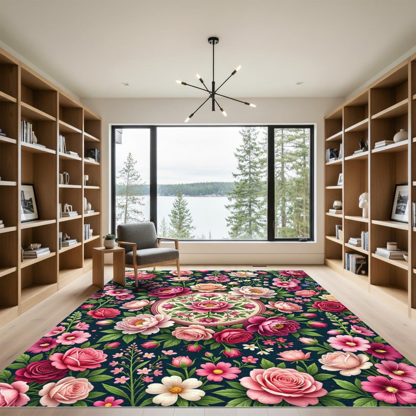 Romantic Pink Peony Floral Medallion Rug