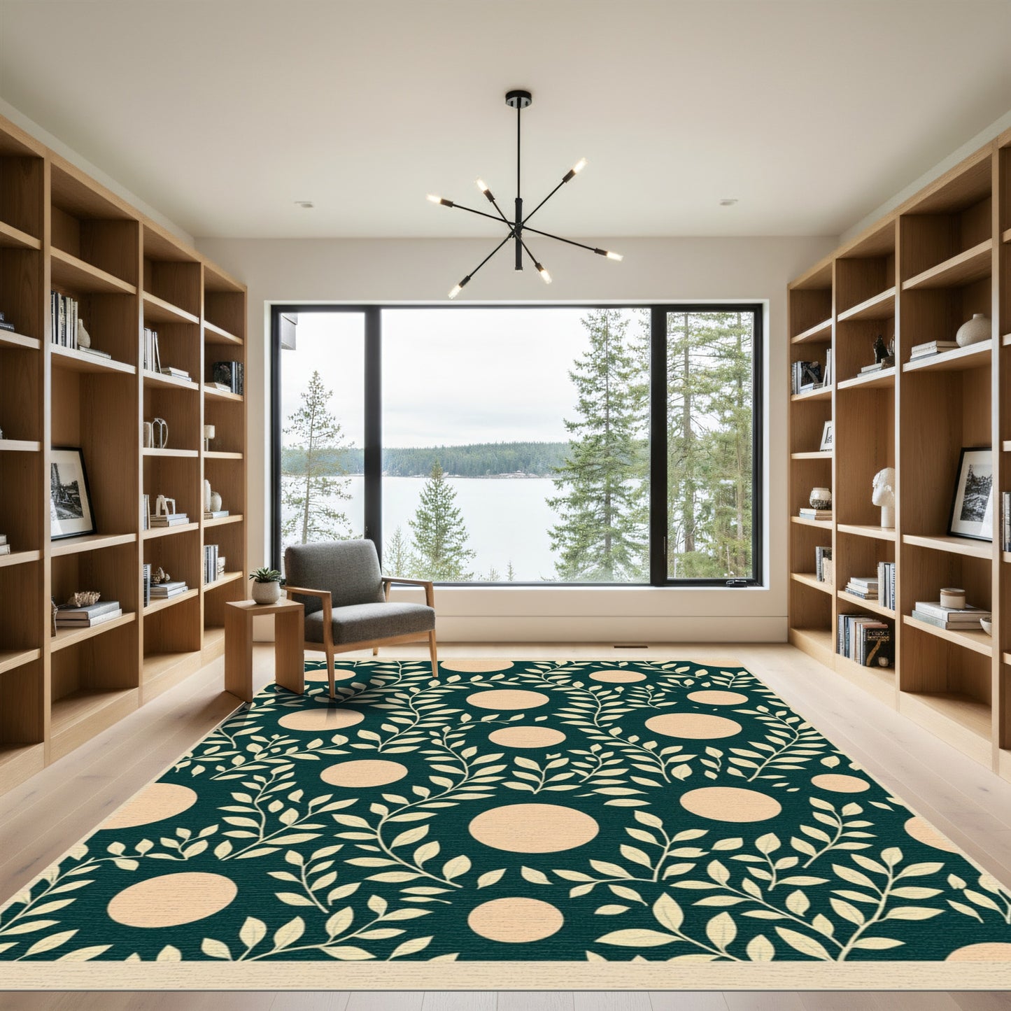 Dark Teal Cream Leaf Circle Rug