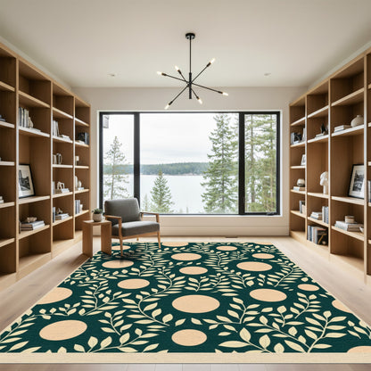 Dark Teal Cream Leaf Circle Rug