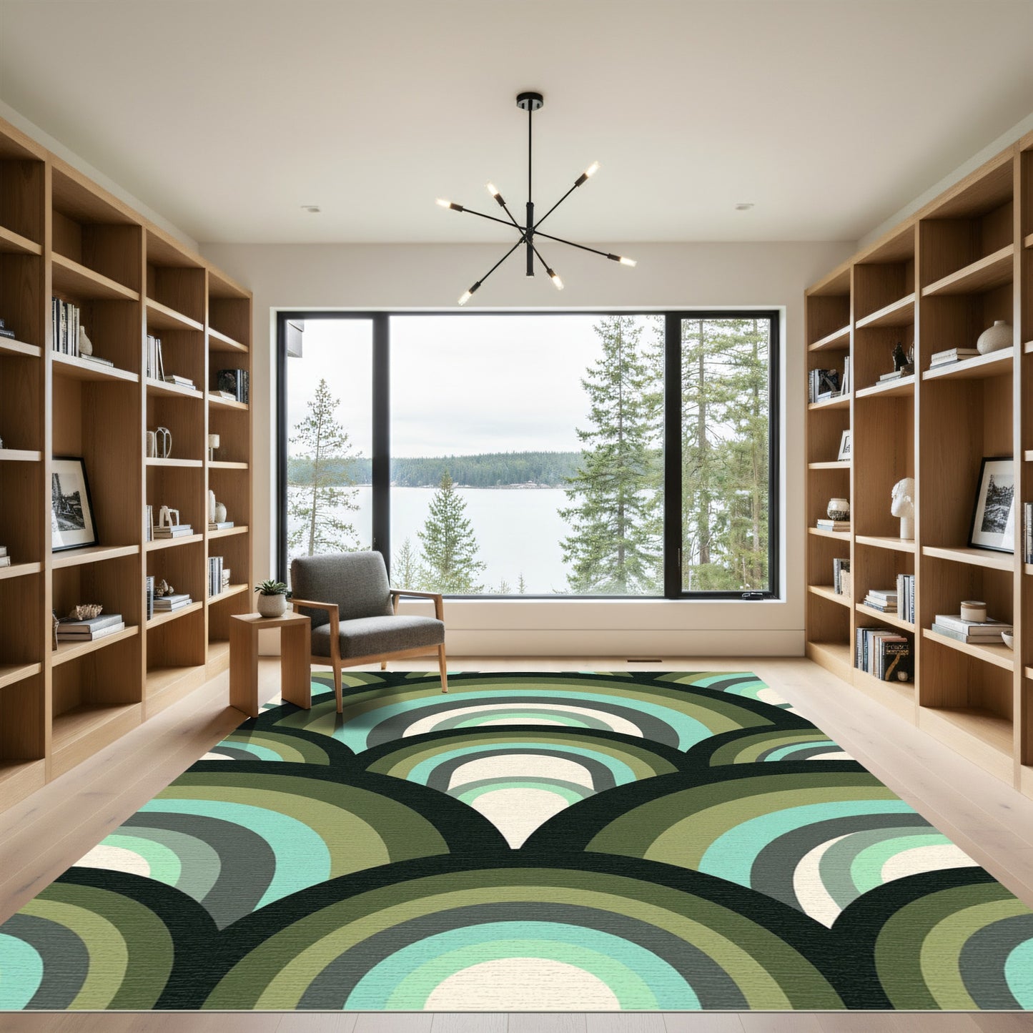 Mid-Century Olive Green Arch Overlay Rug