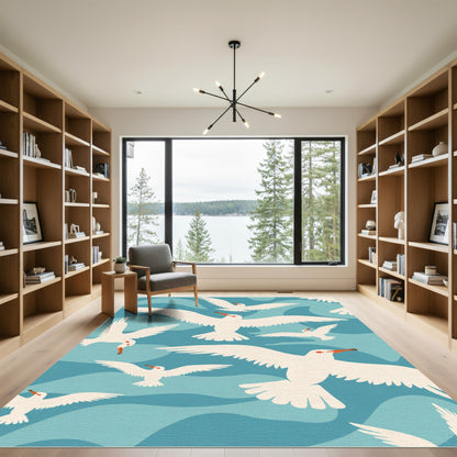 White Seagulls Over Blue Wavy Ocean Rug
