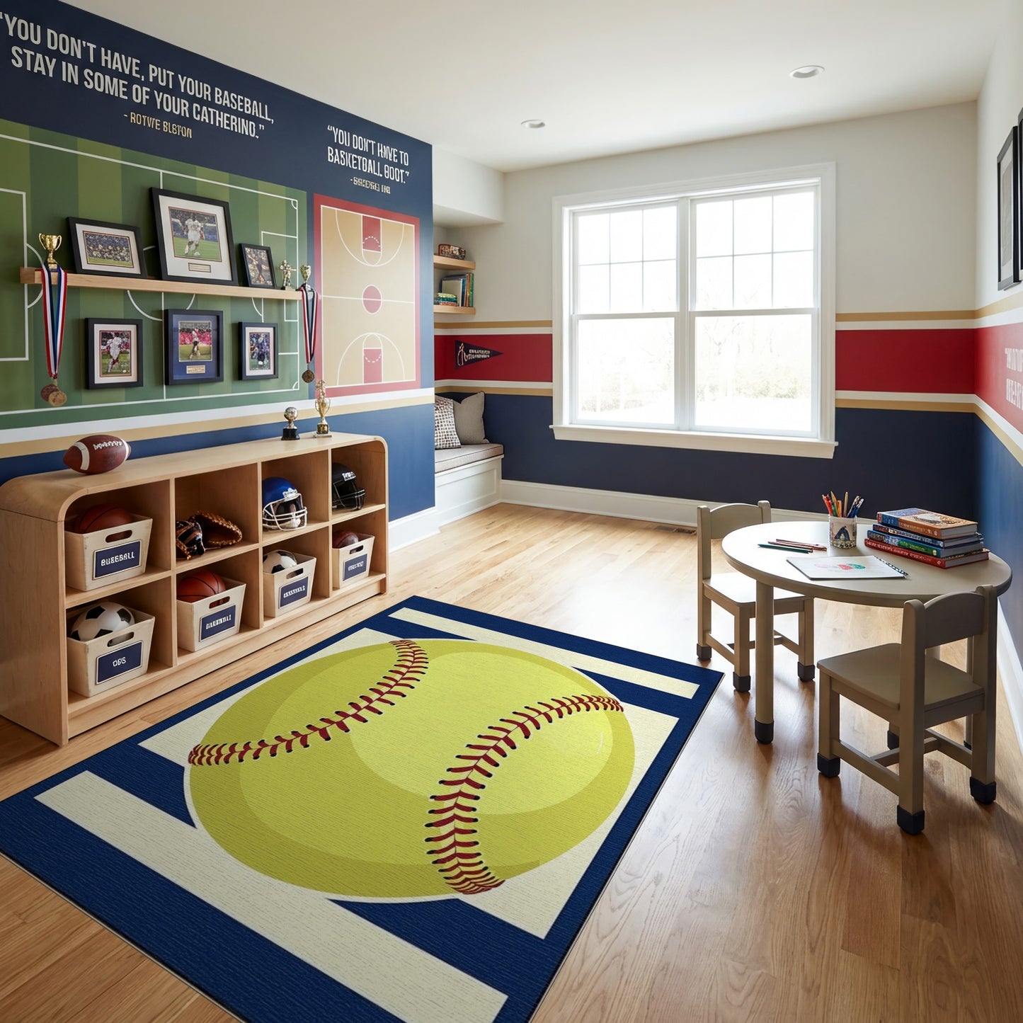 Yellow Softball Navy White Striped Rug