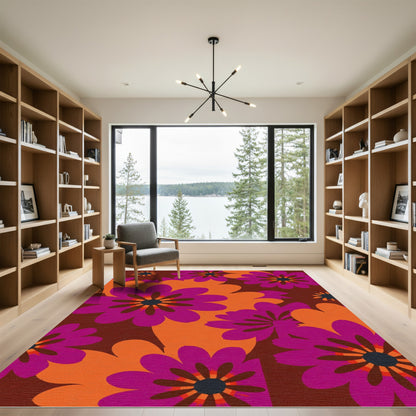 Retro Floral Bloom Magenta Orange Rug