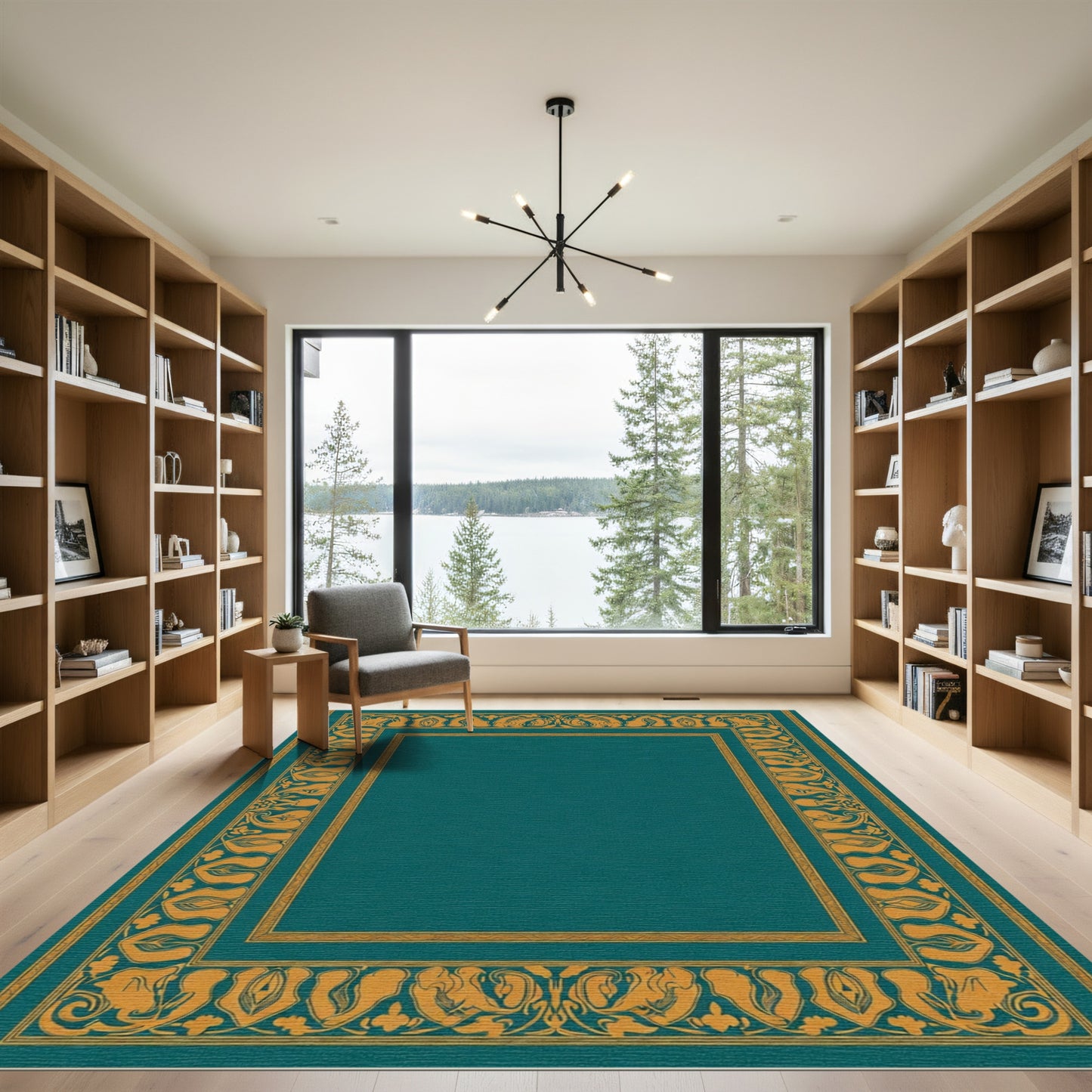 Teal Gold Floral Border Rug