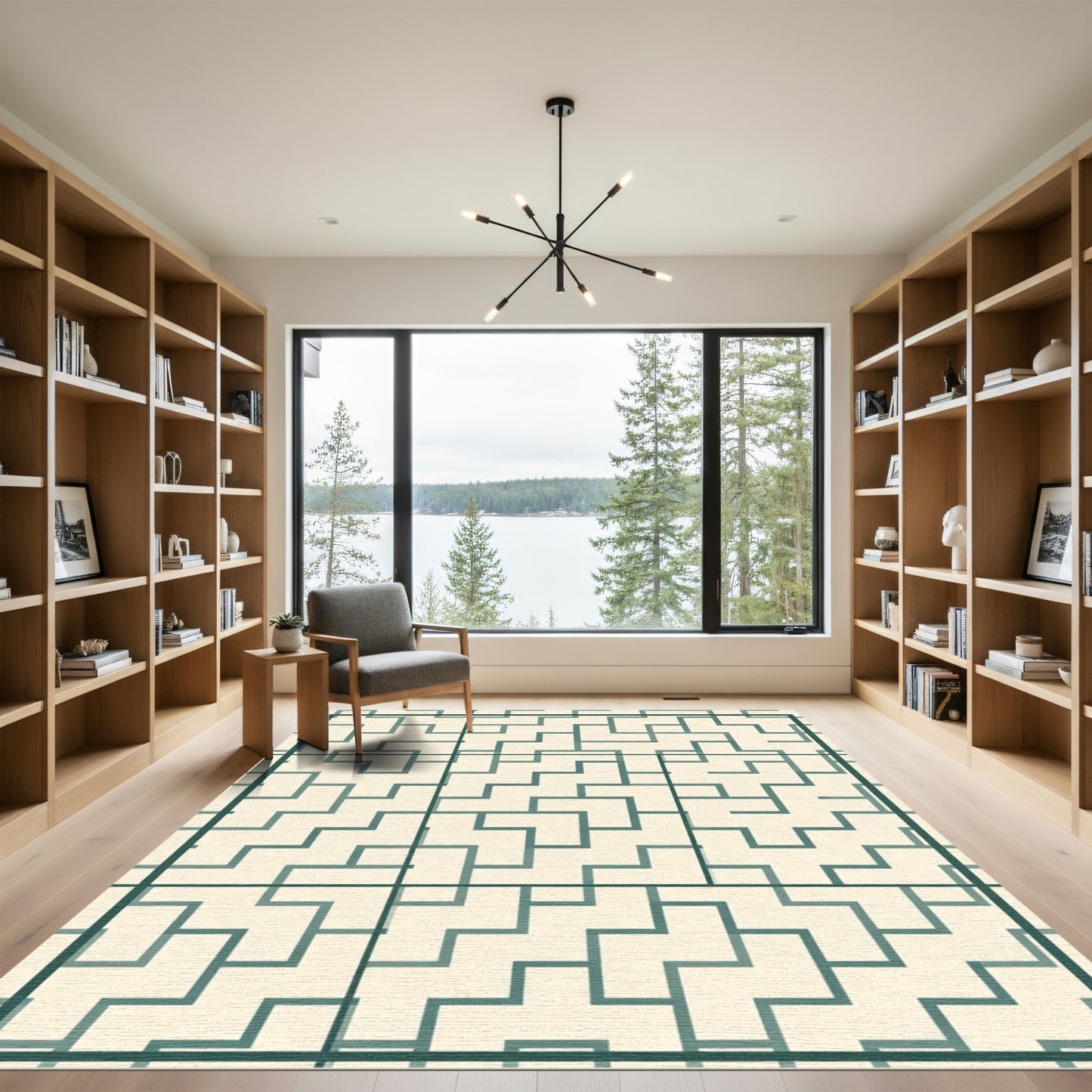 Cream Teal Geometric Labyrinth Rug