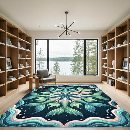Aquatic Mermaid Fin Mandala Teal Area Rug