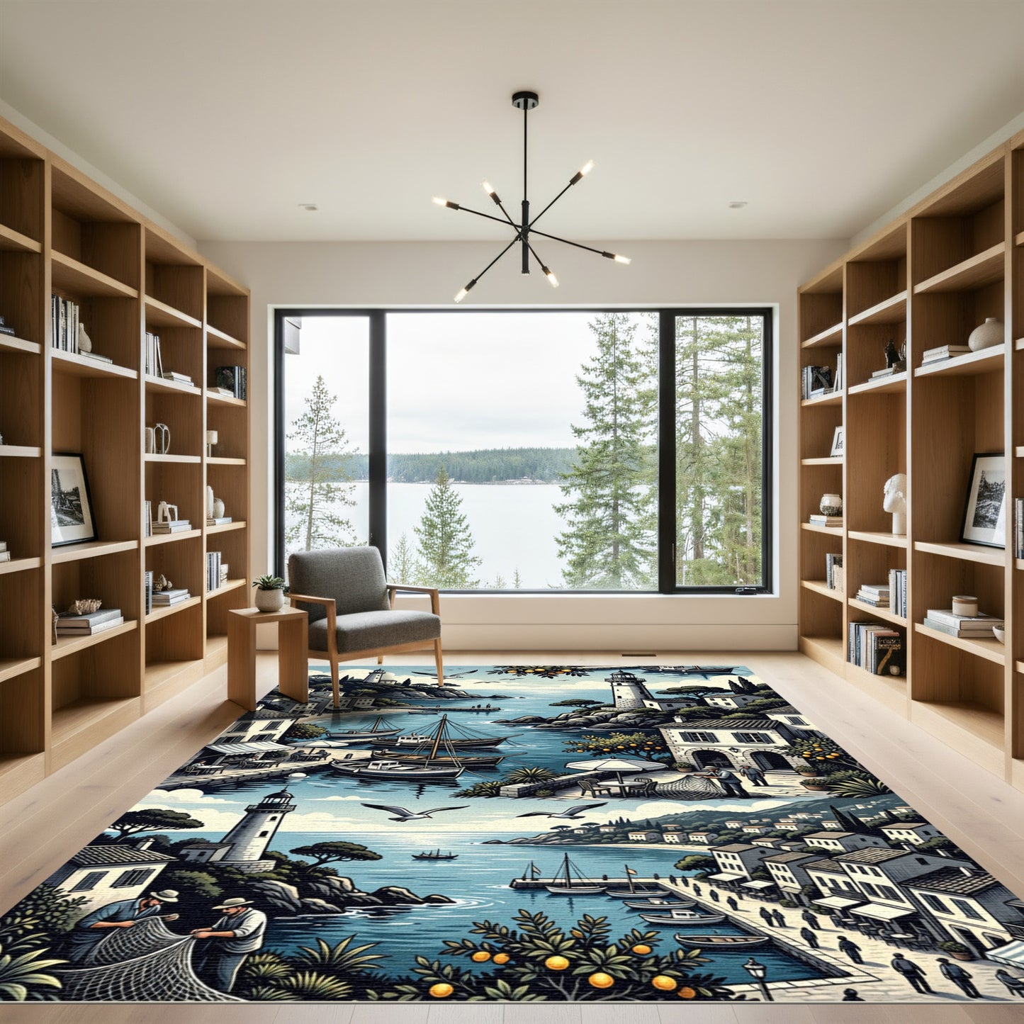 Coastal Village European Mediterranean Scene Rug