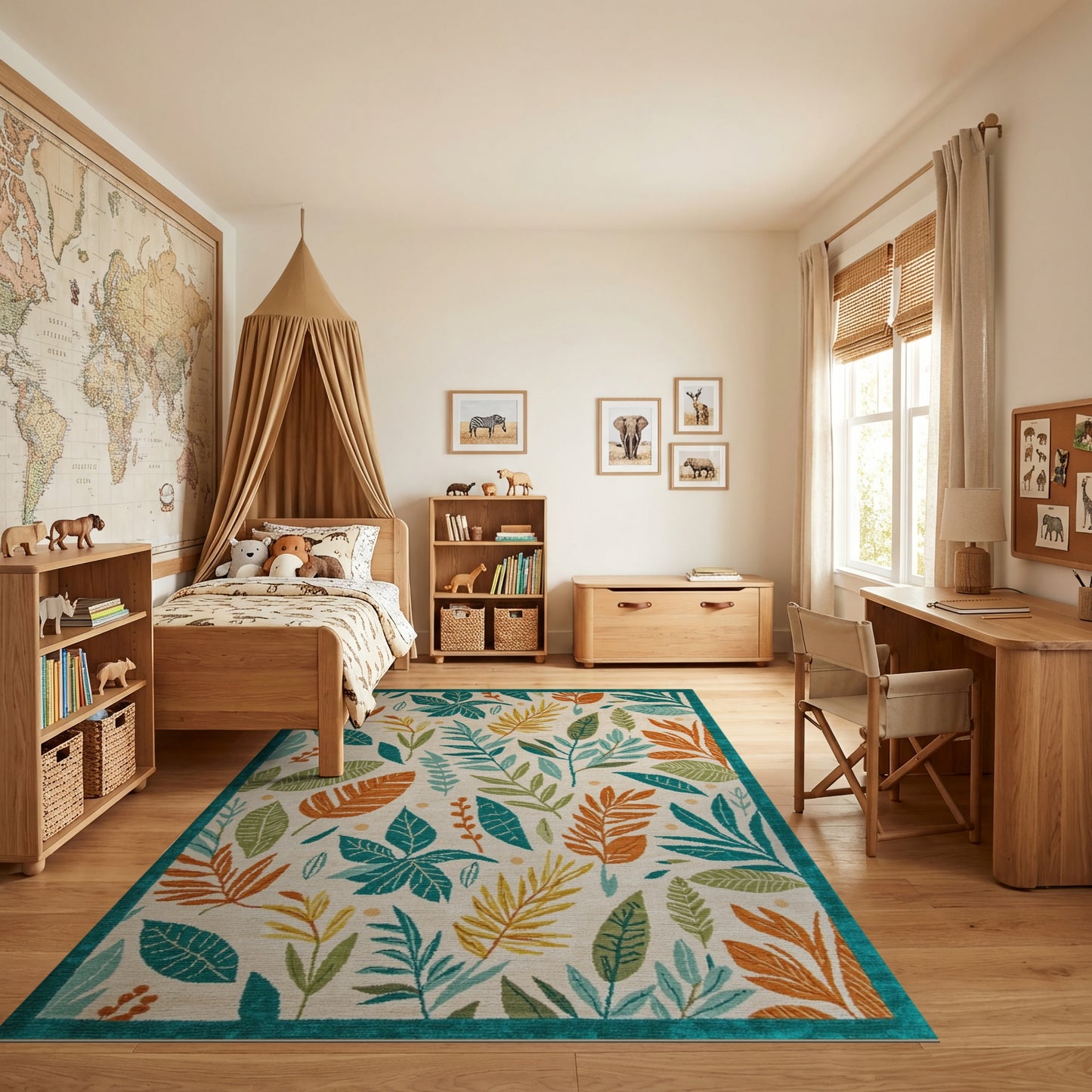 Vibrant Teal and Orange Leaf Rug