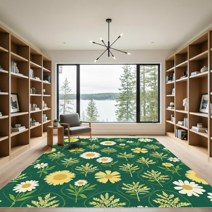 Green Daisy Botanic Floral Field Rug