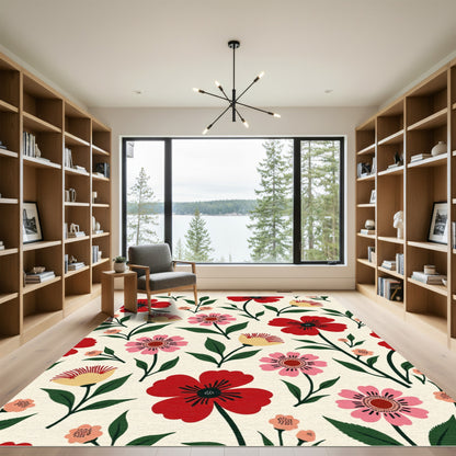 Retro Floral Garden Red Pink Yellow Rug