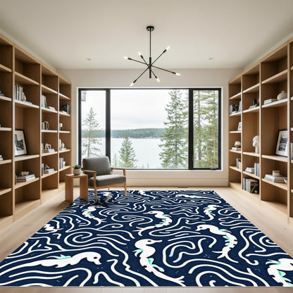 Navy White Seahorse Swirl Abstract Rug