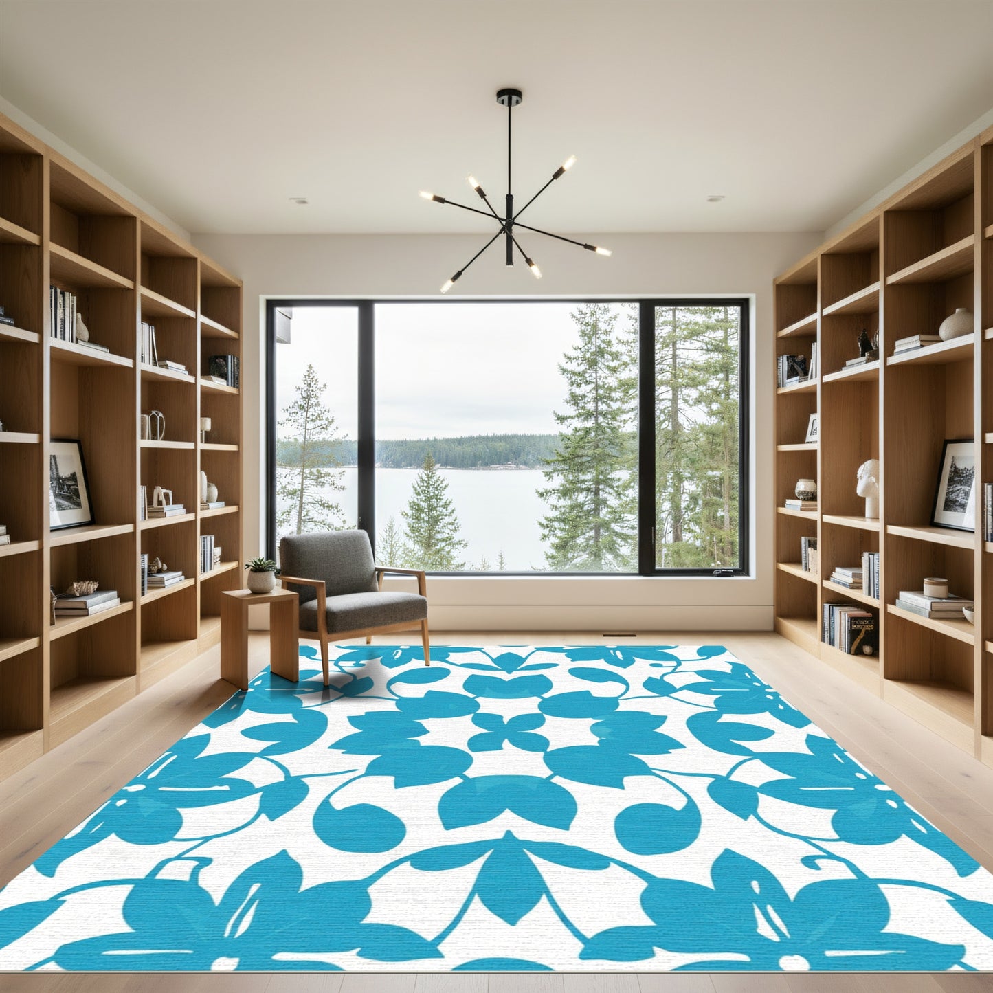 Azure Blue Floral Swirl Medallion Rug