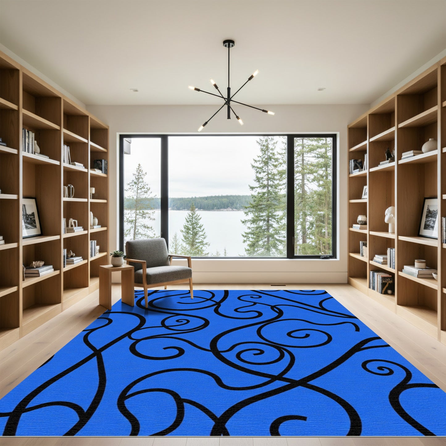 Bold Black Swirl Blue Ground Rug