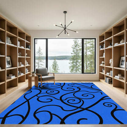 Bold Black Swirl Blue Ground Rug