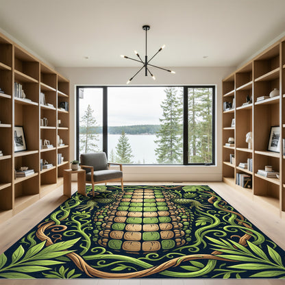 Lush Green Jungle Crocodile Reptile Art Rug