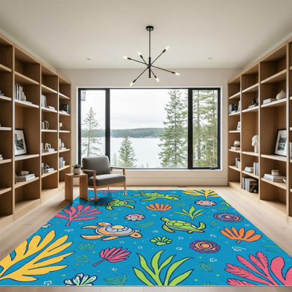 Whimsical Sea Turtle Coral Reef Scene Rug