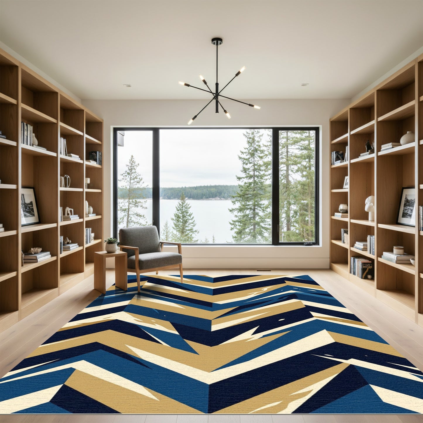 Navy and Gold Geometric Chevron Rug