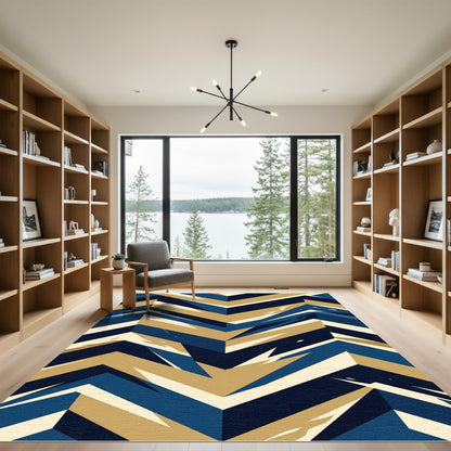 Navy and Gold Geometric Chevron Rug