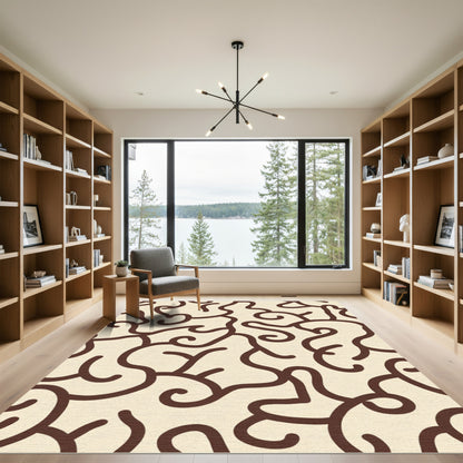 Cream Brown Abstract Swirls Rug