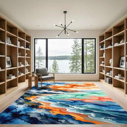 Abstract Watercolor Sunset Coastline Oceanscape Rug