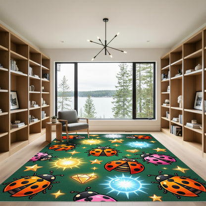 Whimsical Ladybug Starry Crystal Forest Green Rug