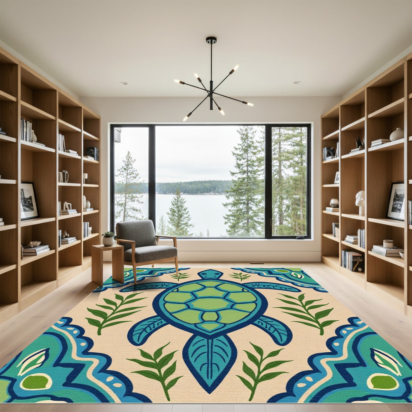Coastal Blue Green Turtle Foliage Rug