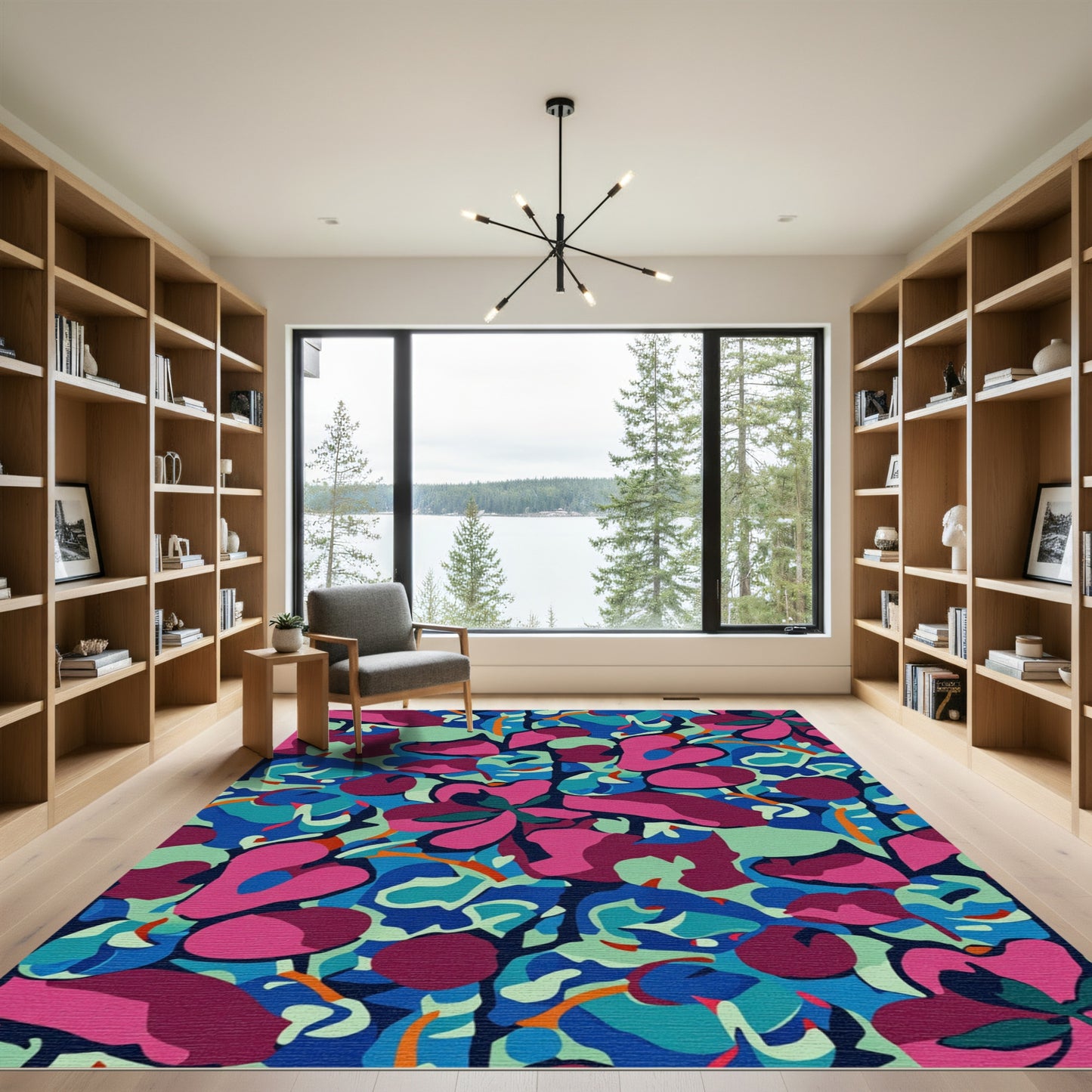 Vibrant Pink Blue Abstract Floral Bloom Rug
