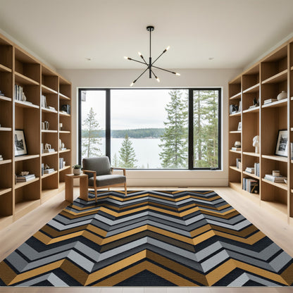 Modern Metallic Gold and Gray Chevron Rug