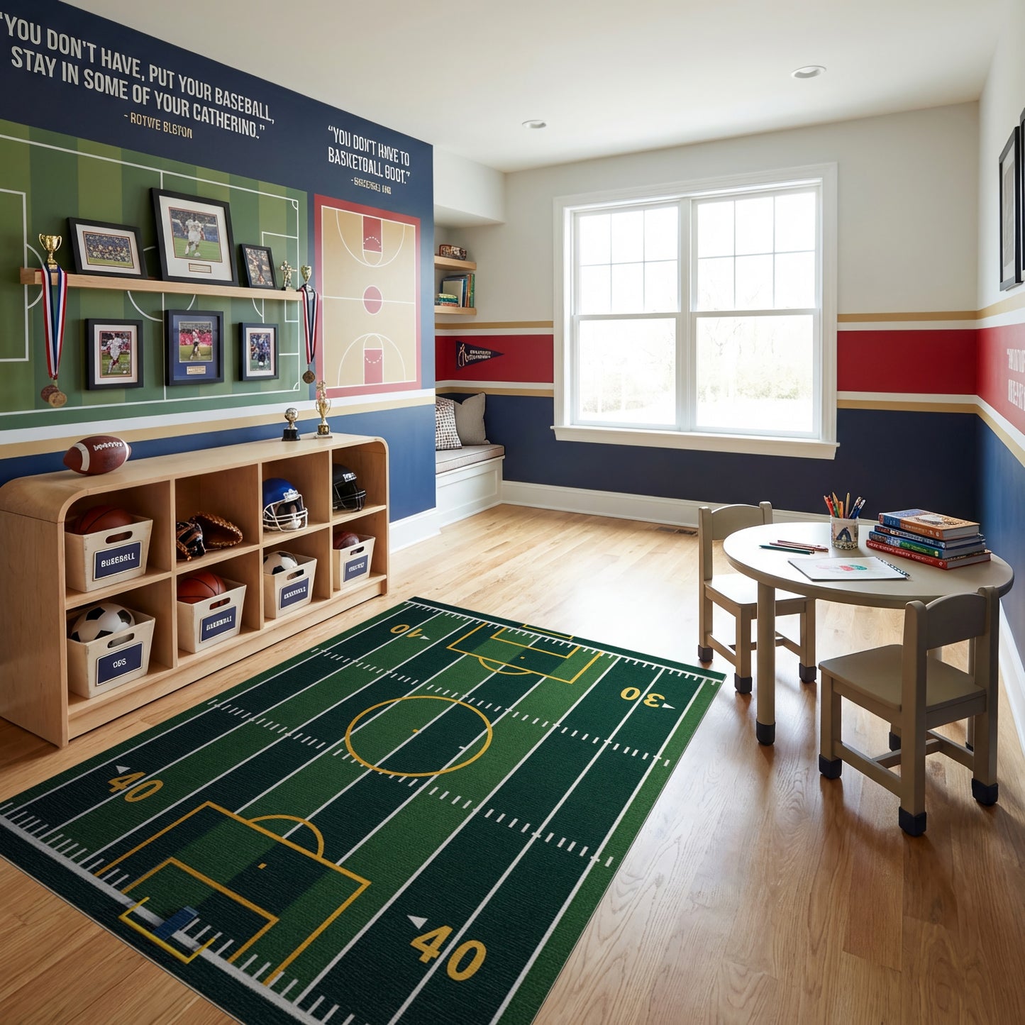 Green Turf Soccer Field Lines Rug