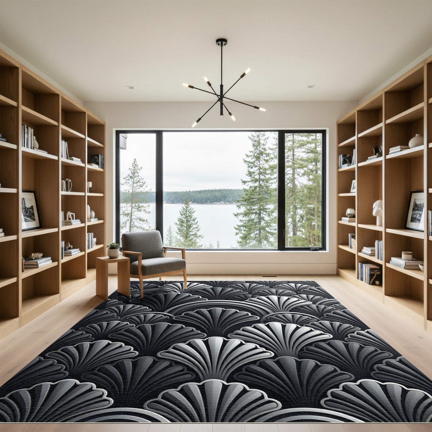 Sophisticated Midnight Silver Art Deco Fan Rug