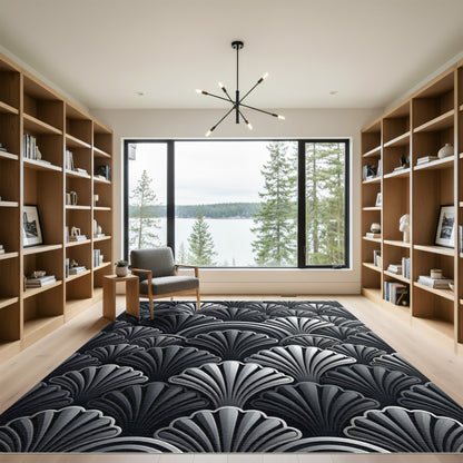 Sophisticated Midnight Silver Art Deco Fan Rug