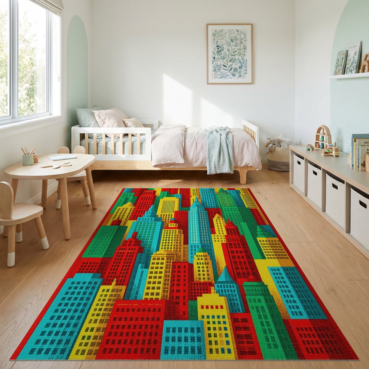 Vibrant Colorful City Skyline Rug