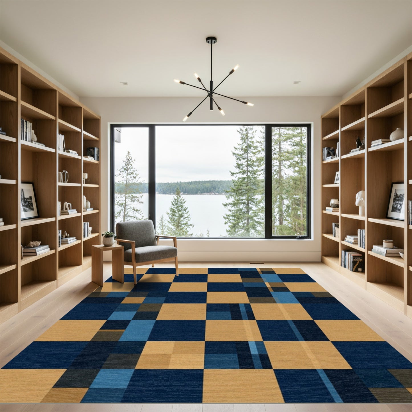 Modern Navy and Gold Geometric Grid Rug